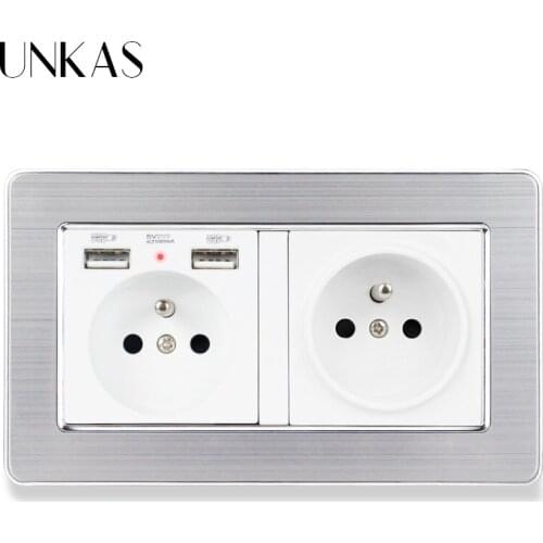 UNKAS French Standard 2 Gang Socket with 2 USB Charge Port 2 Wall Socket USB Stainless Steel Brushed Silver Panel wall plug