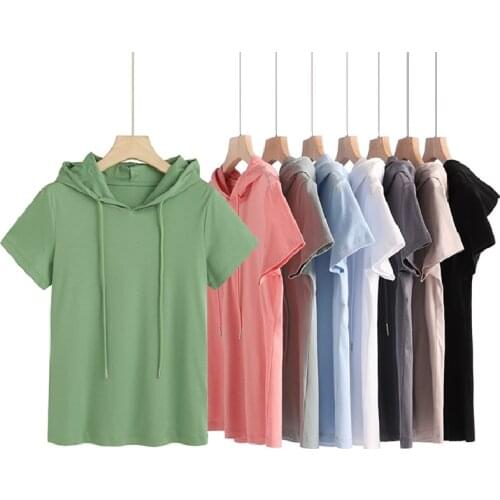 100% Cotton Brand Fashion Women High Luxury Summer Casual New Slim Hooded Short-Sleeved T-shirt Tees Top