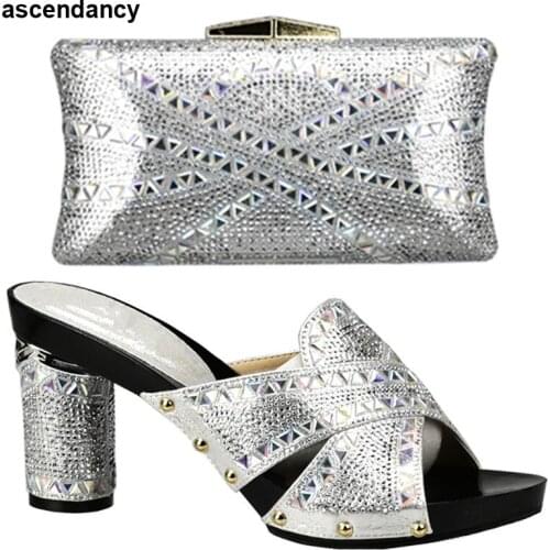 Sliver Color Italian Shoes and Bag Set Decorated with Rhinestone Nigerian Party Shoe with Bag Set Matching Women Shoes and Bag