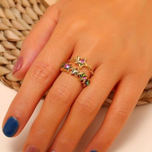 2Pcs/set Cute Rainbow Zircon Stone Hollow Star Rings For Women Girls Adjustable Gold Charm Finger Ring Bijoux Party Jewelry