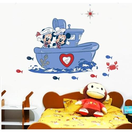 Cartoon mickey minnie mouse on the boat wall decals kids rooms home decor disney wall stickers pvc mural art diy posters