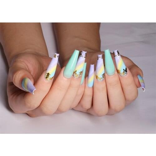 Gold Foil Manicure Art 24PCS Set Colored Long Coffin Mint Fake Nails Press On False Nails With Designs SM14210645