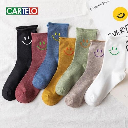 CARTELO New Solid Color Korean Smiley Pattern Women Socks Fashion Casual Sport Breathable Cotton Stocking Middle Tube Socks