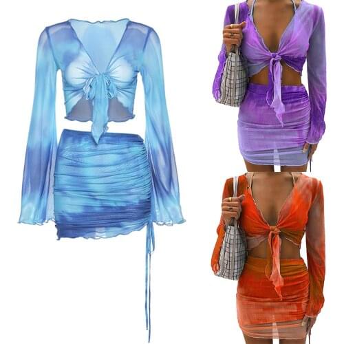 New Sexy Woman Dress Set Long Sleeve V-neck Bandage Mesh Tops Bodycon Mini Skirt 2PCS Summer Clothes