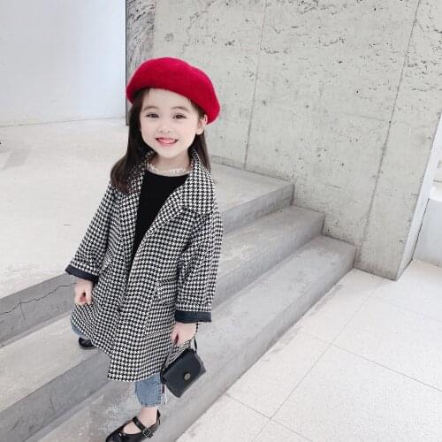 2021 Korean childrens clothing new style girl baby long woolen coat autumn winter Fashion plaid jacket outwear CT093