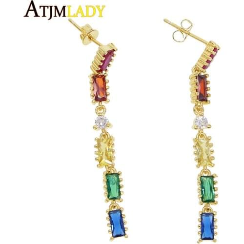 Multi colored Baguette rainbow cz drop charm dangle earring for lady women 2019 luxury stunning stack elegance long jewelry