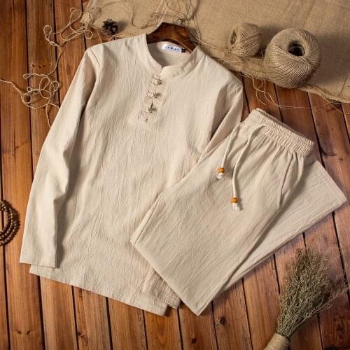 Shirt + trousers) spring Chinese Style men shirt Cotton and linen shirts mens casual shirts A set of clothes size M-5XL