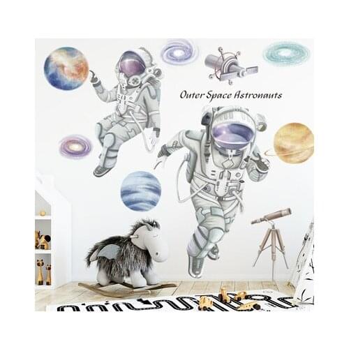 Removable Wall Stickers Space Astronauts Cartoon Bedroom Decor Kids Room Self-adhesive Wall Decals Science Fiction Wallpaper