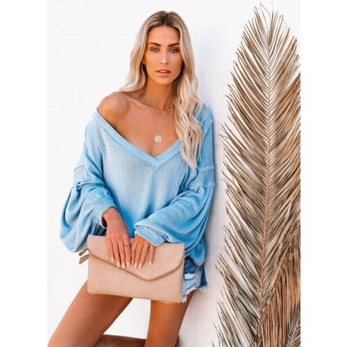 Loose V-Neck Lantern Sleeve Knitted Tops with Pocket Women Spring Autumn Long Sleeve Casual T-Shirts Red Solid Colors Clothing