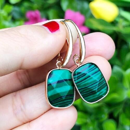 KOMI Turquoises Green Aventurines Black Obsidians Pink Crystal Stone Rectangle Shaped Pendant Copper Dangle Earrings for Women