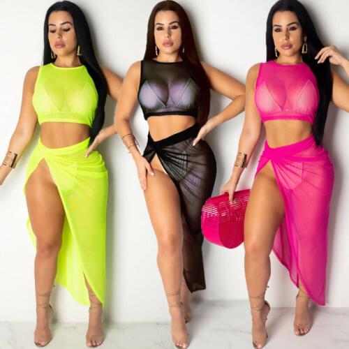 Womens Sexy Beachwear Mesh Sheer Bikini Cover Up Swimwear High Waist Wrap Skirts