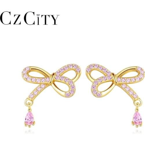CZCITY 925 Sterling Silver Stud Earrings Women Cute Bow Knot Pink Water Drop Crystal Fine Jewelry Dating Christmas Gift SE-525