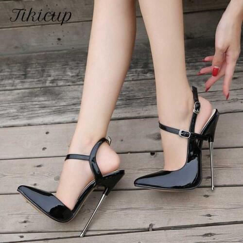 Tikicup 16cm Metal Stiletto High Heels Women Patent Leather Slingbacks Pumps Sexy Ladies Party Club Shoes Plus Size 35-46