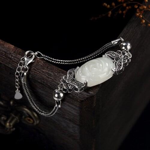 S925 pure silver natural Hetian jade white peony butterflies retro Thai silver high-end female Bracelet wholesale