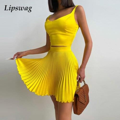 Women Elegant Pleated Skirt Suits Sexy Off Shoulder Straps Tops + Mini Skirts Sets 2021 Casual Sports Sleeveless 2pc Set Outfits