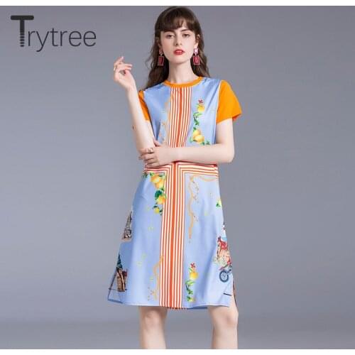 Trytree 2020 Summer Women Casual Dress O-neck Pink Fruit Pockets Fashion Patchwork Elegant Split hem Mini Office Lady Dress