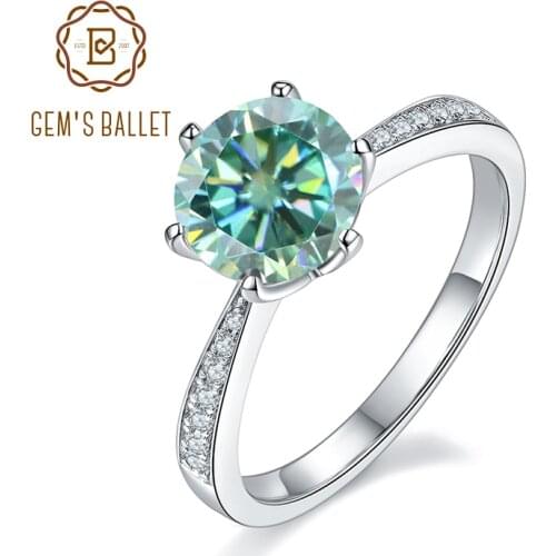 GEMS BALLET 925 Sterling Silver Green Moissanite Ring 1ct 2ct 3ct Green Round Moissanite Cathedral Engagement Ring For Women