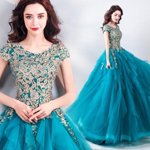 Turquoise Blue Long Prom Dresses 2019 Elegant Short Sleeves Applique Tulle Long Evening Gowns Women Formal Party Dress