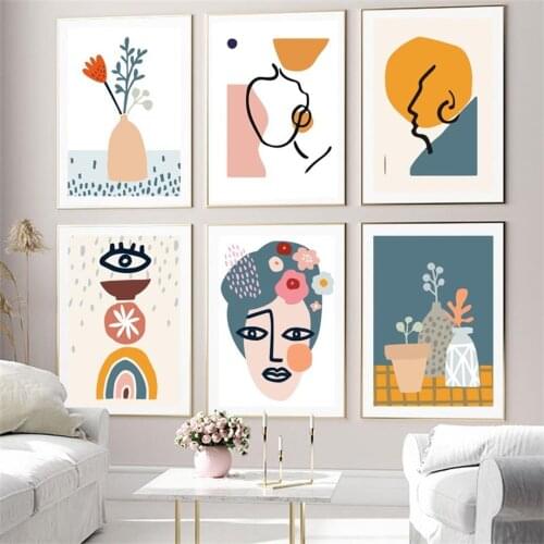 Abstract Lines Woman Face Vase Geometric Wall Art Canvas Painting Nordic Poster And Prints Wall Pictures For Living Room Decor