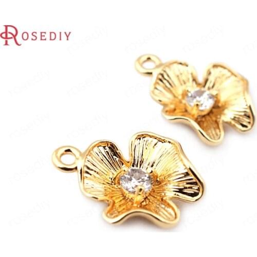C014)10 pieces 14*11mm 24K Gold Color Brass with Zircon Flower Charms Pendants High Quality Diy Jewelry Findings Accessories