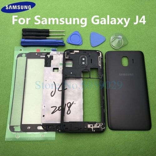 For Samsung Galaxy J4 2018 J400 J400F J400F-DS Full Housing Case Bezel Middle Frame Back Cover + Front Glass Lens Sticker Tools