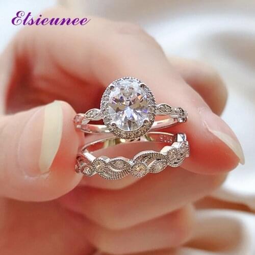 ELSIEUNEE 100% Original 925 Sterling Silver Simulated Moissanite Zircon Rings For Women Wedding Engagement Bridal Sets Wholesale