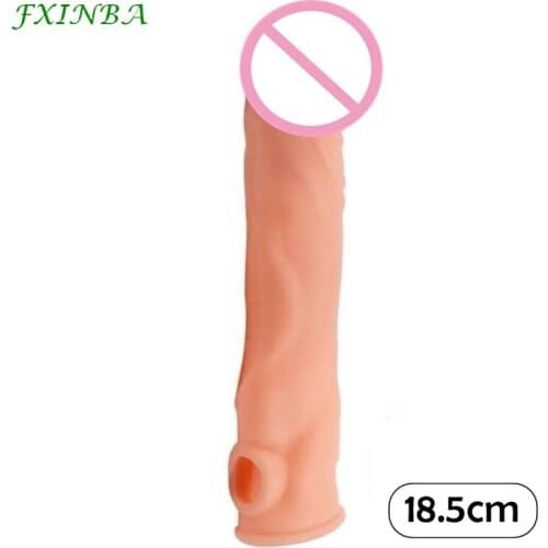 FXINBA 18.5cm Penis Sleeve Extender Reusable Delay Ejaculation Condom Penis Enlargement Cock Ring Sex Toys For Men Couple