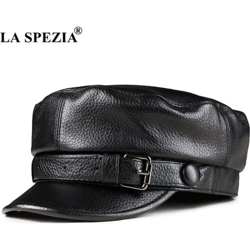 LA SPEZIA Military Hat Genuine Leather Men Women Beret Cowskin Vintage Autumn Winter Black Baker Boy Cap