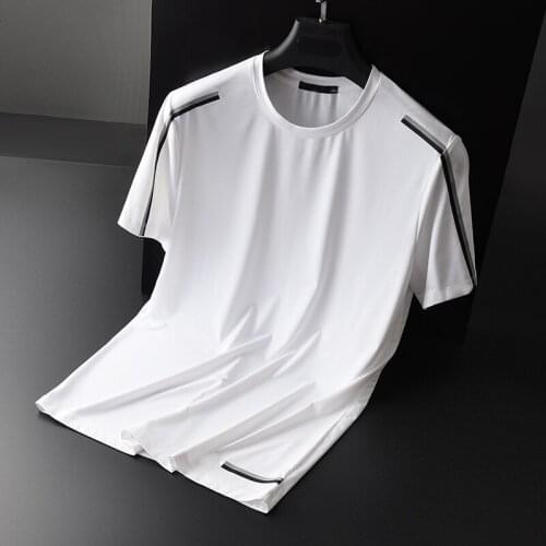 Classic Stripe Printed Men T-shirt Luxury Smooth Milk Fabric White Black Mens T-shirts Plus Size 4xl Round Collar Slim Man Tee