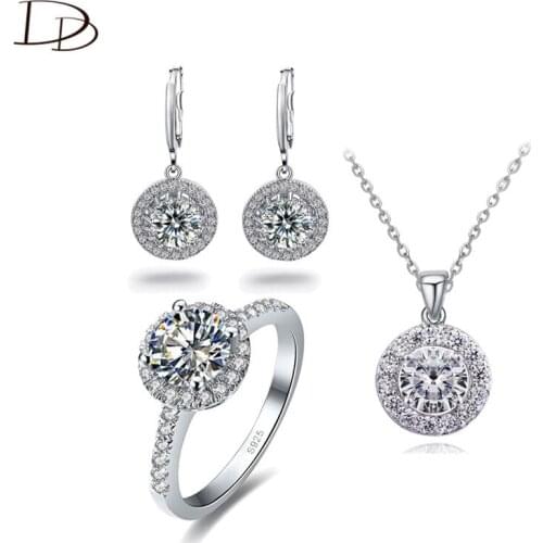 DODO 925 Sterling Silver Jewelry Set Round Clear Austrian Crystal Drop Earrings Ring Necklace Wedding Sets For Women Gifts JS025