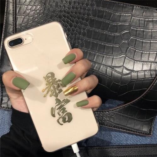 Matte Avocado green with golden pure color false nails french Middle-long lady full nail tips cute punk style fake nails