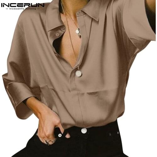 2021 Men Solid Color Shirt Turn Down Collar 3/4 Sleeve Streetwear Button Loose Casual Men Clothing Fashion Cozy Camisas INCERUN
