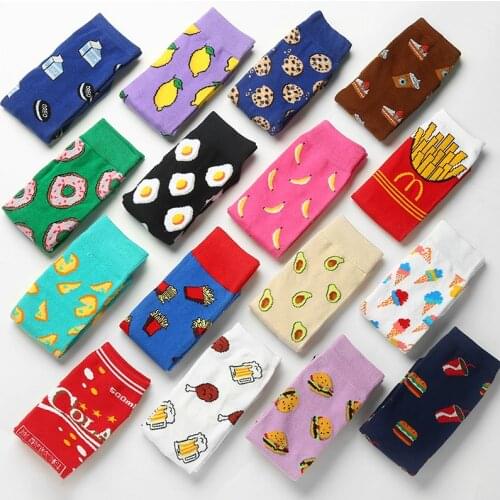 Socks funny cute cartoon fruits banana avocado lemon egg cookies Donuts food happy Japanese Harajuku skateboard Socks