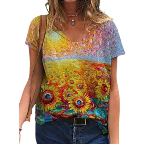 New 2021 Women 3d Sunflower Print T Shirt Summer Short Sleeve Loose Tops 3xl Plus Size Casual Ladies Floral Cotton Tee Clothes