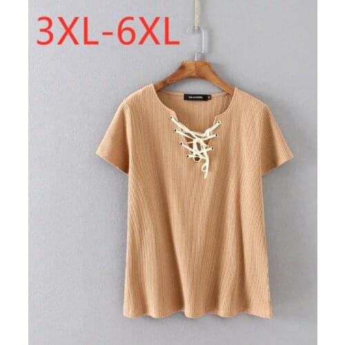 New Korea 2021 summer plus size tops for women large loose short sleeve V neck casual cotton T-shirt khaki green 3XL 4XL 5XL 6XL