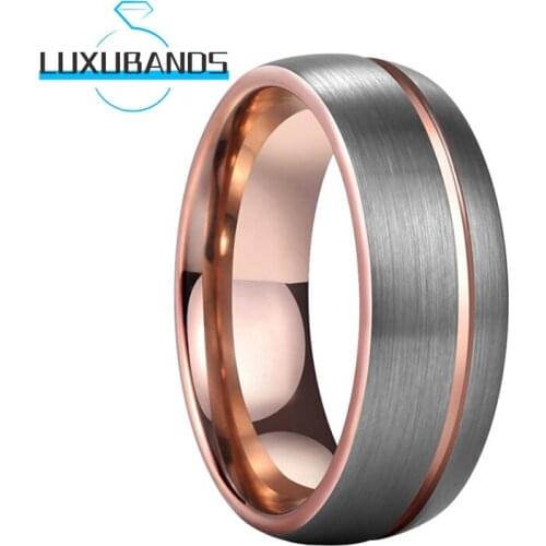8MM Rose Gold Wedding Bands For Men Wemen Offset Grooved Tungsten Engagement Rings Brushed Finished Comfort Fit