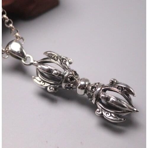 Pure 925 Sterling Silver Pendant 60x15mm Tibetan Buddhist Emblems Vajra Charm