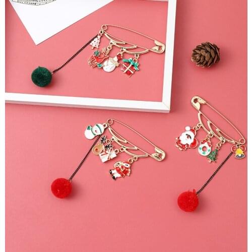 Christmas Brooch with Chain Pin Santa Sock Christmas elk small snowball bell tree skates Jewelry Happy New Year Gift for Friends