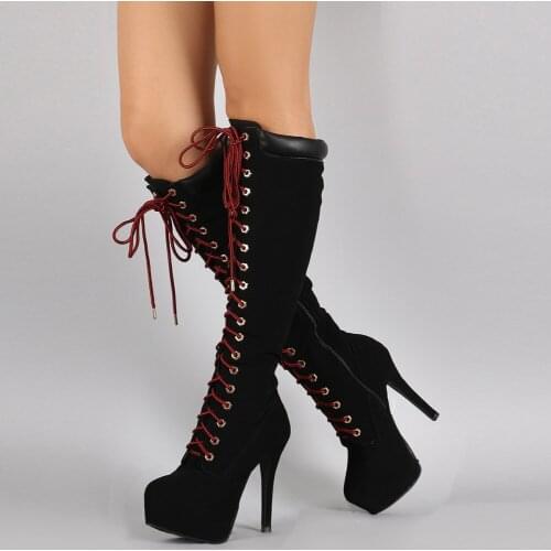 High Heeled Platform Boots Womens Shoes High Heels Thin Heeled Leather Stitching Lace-up Knee-high Motorcycle Boots Botas Mujer