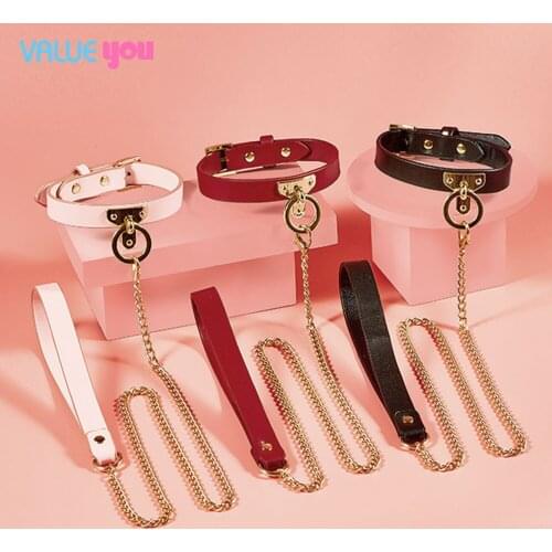 Sexual abuse collar leather and chain link female bondage sex toy dog slave collar alternative bondage sex toy