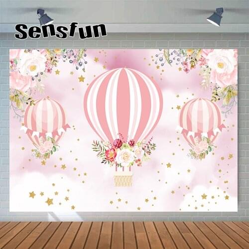 Sensfun Pink Flowers Hot Air Balloons Backdrop Girls Newborn Baby Shower 1st Birthday Party Photography Background Photo Studio