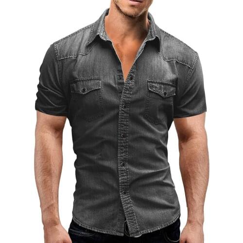 Spring Summer Mens Slim Thin Cowboy Shirt Fashion Male Short Sleeved Slight Elastic Jeans Clothing Solid Color Casual T-shirt