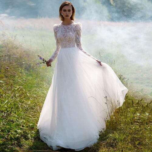 A-Line Wedding Dress 2021 High Neck Long Sleeves Appliques Bridal Gowns Botton Back Tulle Sweep Train Vestidos De Novia