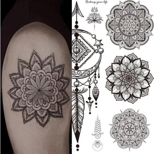Black Temporary Tattoos Waterproof Water Transfer Mandala Flower Clavicle Temporary Tattoos for Women Girls Fake Tattoo Sticker
