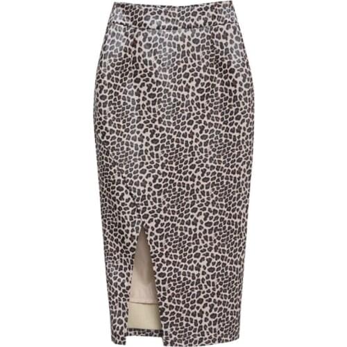Autumn winter leopard pu skirt women high waist package hip split pencil skirt plus size 4XL