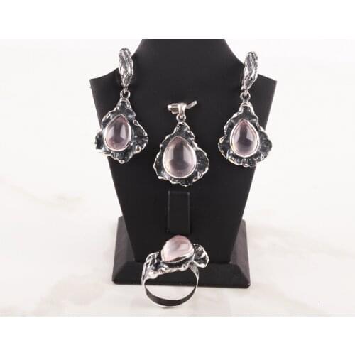 UM US JEWELRY Pink Quartz Stone 925 Sterling Silver Triple Set