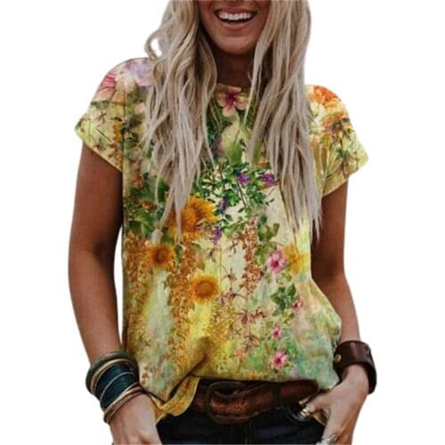 2021 New Women Boho 3D Floral Print T Shirt Summer Short Sleeve O-Neck Loose Casual Tops Streetwear Female Plus Size 4XL 5XL Tee