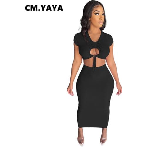 CM.YAYA Basic Streetwear Womens Tracksuit Maxi Midi Skirts Set with Cut Out Crop Tops Matching Two 2 Piece Set Active Sweatsuit