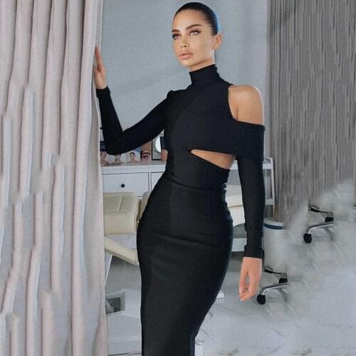 Ailigou Summer New Elegant Long Sleeve Strapless Hollow Black Midi Bodycon Ladies Bandage Dress 2021 Sexy Party Dress Vestidos