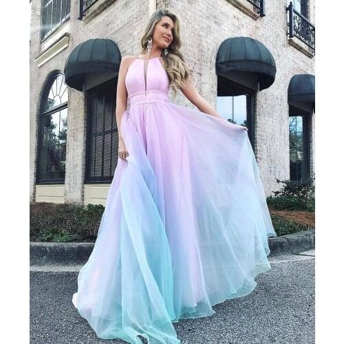 Women dress 2021 Summer Fashion Elegant Women Tulle Gradient Sexy Dress Female Casual Halter Sleeveless A-line Long Dress